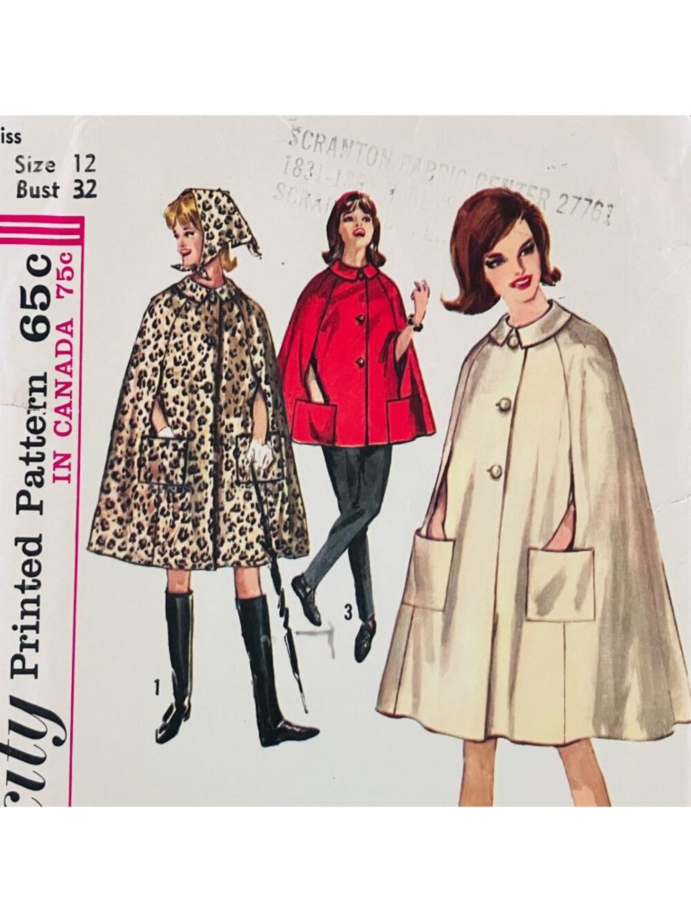 60s Vintage Simplicity 5303 Cape & Scarf Pattern Sz 12 B32 READ Missing Pocket